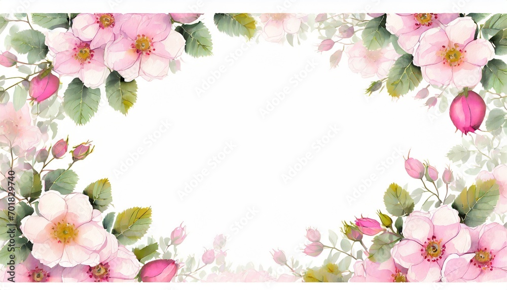 Tło z białą kartką, kwiatami dzikiej róży i miejscem na tekst