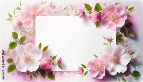 Background with white card, wild rose flowers and space for text © Monika
