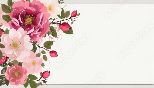 Tło z białą kartką, kwiatami dzikiej róży i miejscem na tekst photo