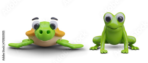 Fototapeta Naklejka Na Ścianę i Meble -  Concept of amphibians. Vector green baby frog and turtle. 3D aquatic animals, front view. Set of positive characters on white background. Game creatures