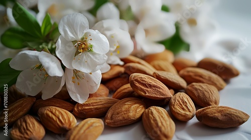 Almond nuts and flowers on a white background. Selective focus.