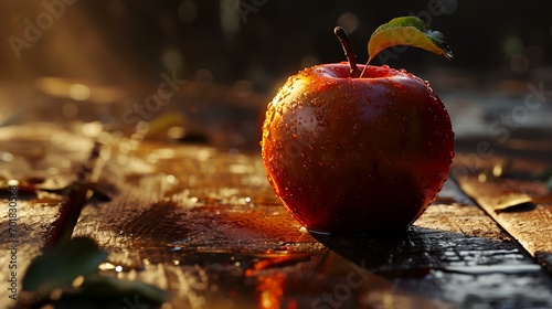 Ripe red apple with water drops on wooden table, closeup photo