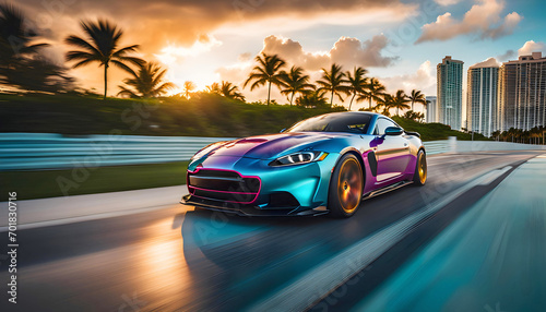 A sports car drives quickly along the ocean beach, speed, Miami, palm trees and road,