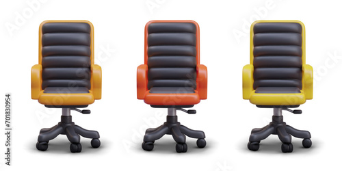 Set of modern armchairs with adjustable height. Office boss chair on wheels, with high soft back. Gamer comfortable furniture. Set of options in different colors