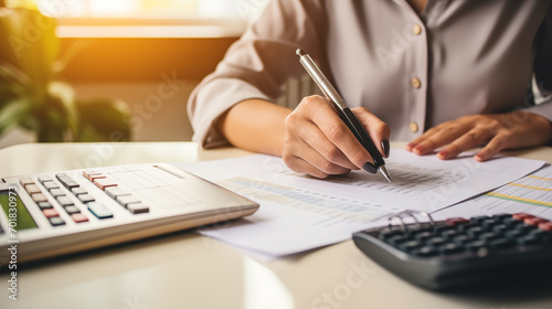 Financial Analysis and Tax Planning : Businesswoman Calculating Income or Efficient Tax Consultant Using Laptop and Calculator for Tax Return and Financial Analysis