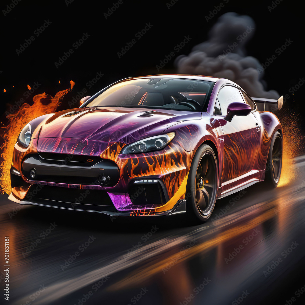 a sports car quickly drives through a tunnel through flames on a black background, speed, car traffic,