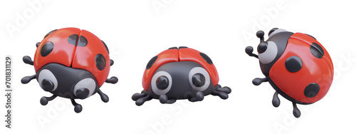 Realistic ladybug in children style. Front, bottom, side view. Beetle with red wings. Vector character for cute design. Set of templates for game, application, website