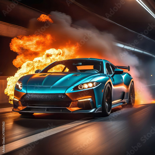 a sports car quickly drives through a tunnel through flames on a black background, speed, car traffic, © Perecciv