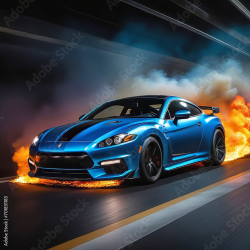 a sports car quickly drives through a tunnel through flames on a black background, speed, car traffic, © Perecciv