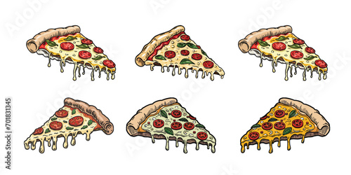 set of hand drawn vintage style pizza slice illustration, pizza illustration