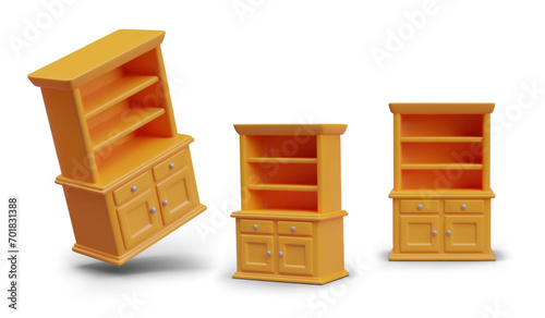 Collection with wardrobe in different positions. Wardrobe with open shelves for books and decoration. Model for shop selling furniture. Vector illustration in 3d style