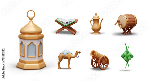Set of items for Ramadan. 3D Koran on book stand, metal kettle, bedug drum, Arabic lantern, camel, cannon, ketupat. Isolated color illustration for Islamic holiday