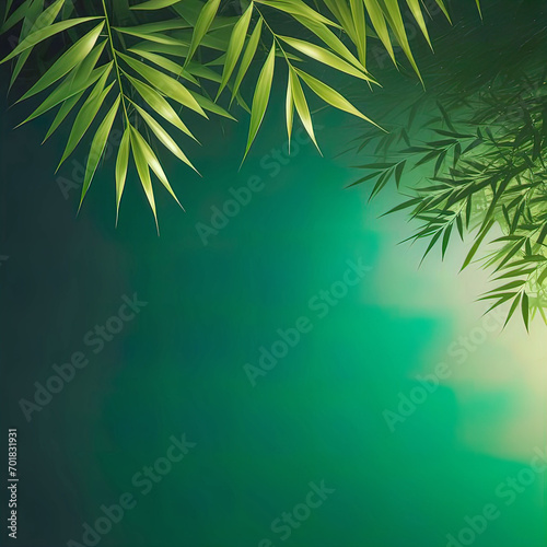 Green bamboo leaves against peaceful water surface  beautiful spa scene with Asian spirit and copy space 