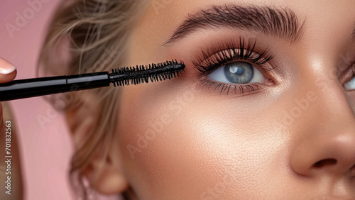 A close-up of a young woman's eyes as she applies mascara to her eyelashes. Beauty shot. Blue eyes. photo