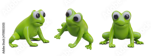 Collection with frog in different positions. Cartoon character sitting and ready to jump. Realistic cute frog model. Vector illustration in 3d style with white background