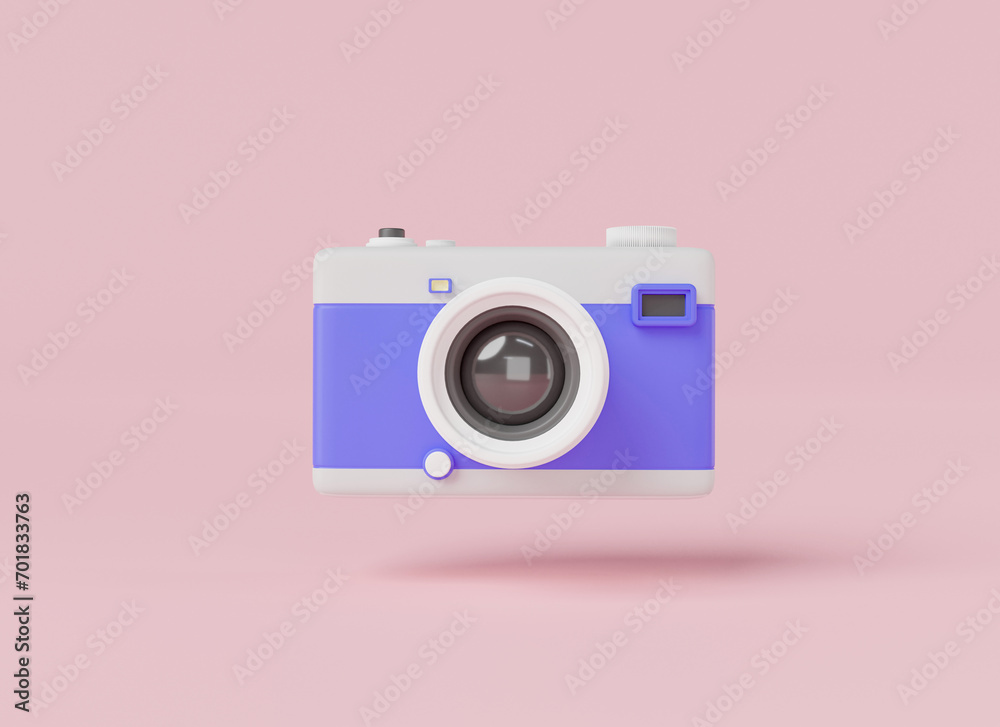 3d camera with lens. Photo camera, social media, Take a photo. Front view. Photo camera line concept. 3d render illustration, Cartoon minimal style.