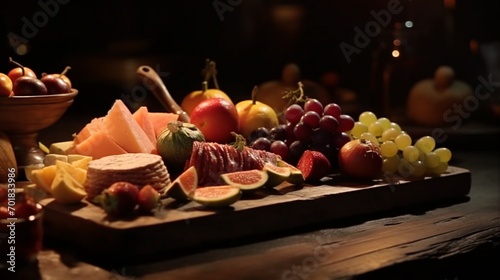 Seasonal Fruit Cut Up And Arranged On A Wooden Board.Generative AI