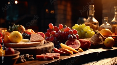 Seasonal Fruit Cut Up And Arranged On A Wooden Board.Generative AI