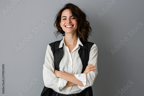 Happy young business woman posing isolated over grey wall background.