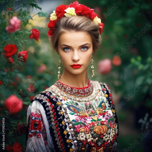 Ukrainian beauty girl in traditional dress with flowers in her hair