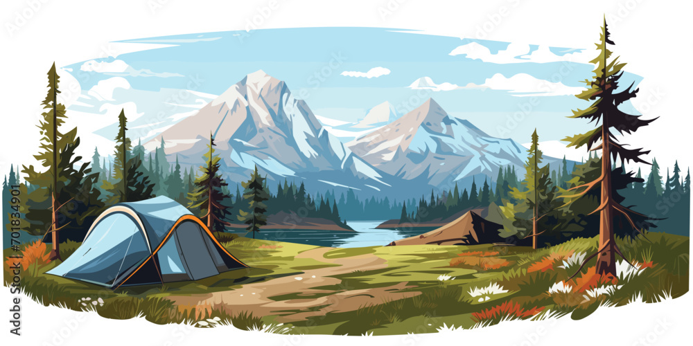Tents and camping in green summer nature, river and mountains, landscape background, Nature tour, generative ai
