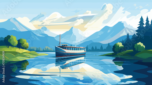  illustration traveling boat in sea, beautiful landscape, green trees, blue river, landscape background, cool colors, generative ai