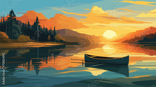 illustration traveling boat in river, beautiful landscape, green trees, natural light, nature landscape background, cool colors, generative ai