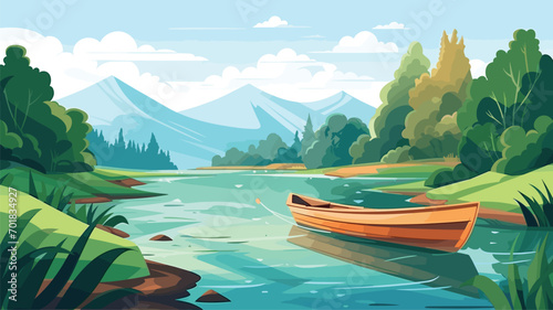 illustration traveling boat in river, beautiful landscape, green trees, natural light, nature landscape background, cool colors, generative ai