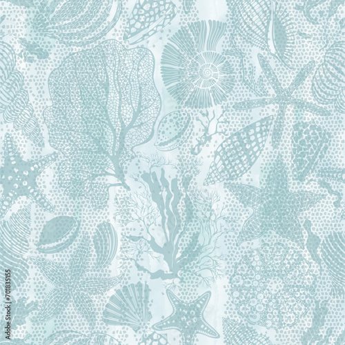 Sea creatures. Art seamless pattern on the marine theme with underwater plants,starfish, seashells on blue watercolor background. Vector. Perfect for design templates, wallpaper, wrapping, fabric. 