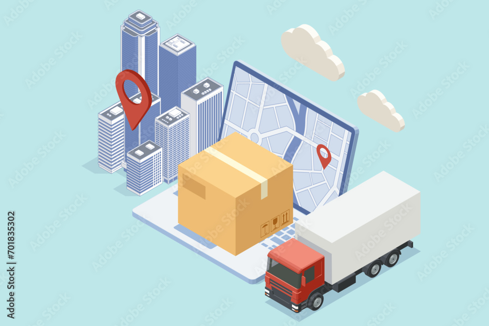 Isometric Logistics and Delivery. Free, Express, Home or Fast delivery. Delivery company. Delivery home and office. City logistics.