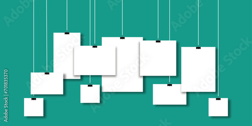 Blank hanging list photo frame. Concept poster mockup gallery portfolio. Creative A4 sheet vector illustration isolated on background.