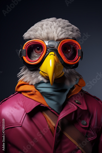 Un oiseau stylé avec des lunettes, sur un fond coloré