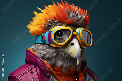 Un oiseau stylé avec des lunettes, sur un fond coloré