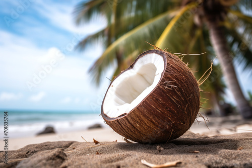 Coconuts with a beach background. Ai generate.