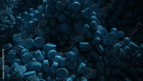 Slow camera pull-out on a field of blue pills to reveal a skull shape photo