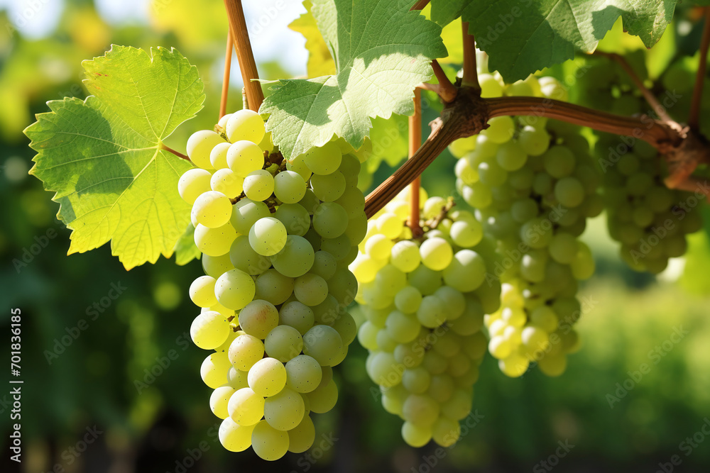 White grapes from the tree waiting to be harvested by farmers to be used as products in various fields. Ai generate.