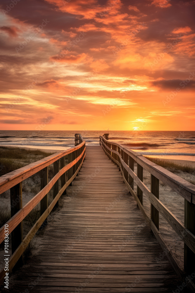 Wooden boardwalk leading to sunset over ocean