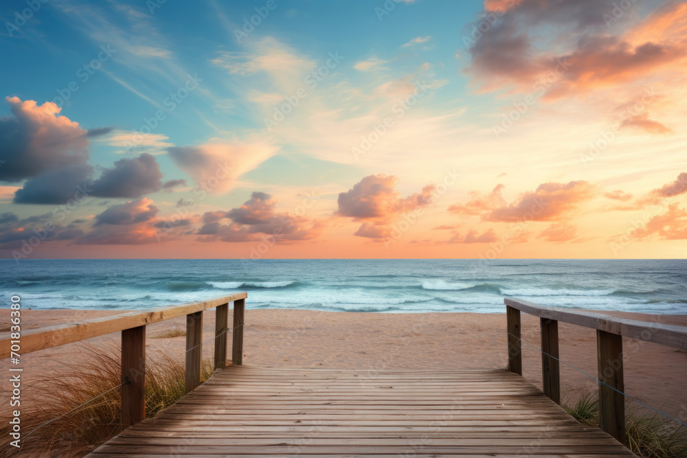 Peaceful beach sunset seen from wooden seaside walkway