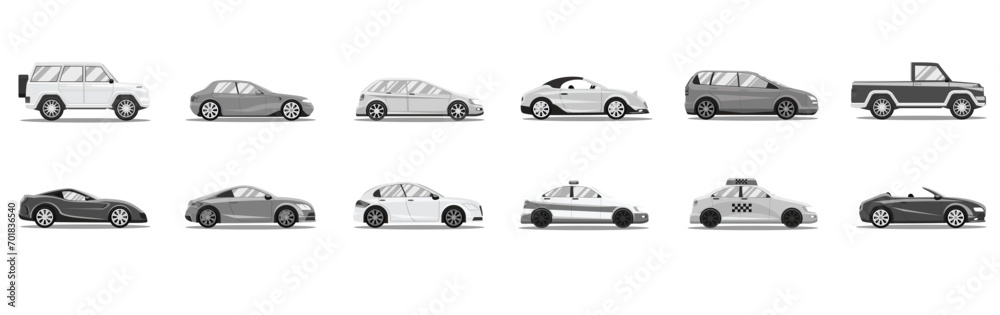 Modern passenger cars body types. Micro mini, small, hatchback, business vehicle, sedan family car, crossover,  suv, pickup, minivan, van. Isolated vector object icons on white background.