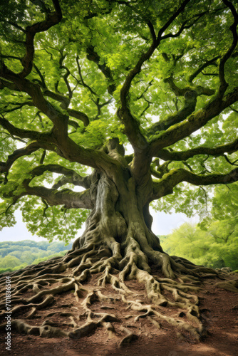 Enchanting tree with intricate roots and lush foliage photo