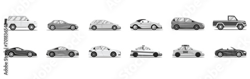 Modern passenger cars body types. Micro mini  small  hatchback  business vehicle  sedan family car  crossover   suv  pickup  minivan  van. Isolated vector object icons on white background.