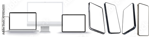 Set mockups of technology devices laptop, phone, pc, tablet with empty display, device screen mockup collection. Vector illustration