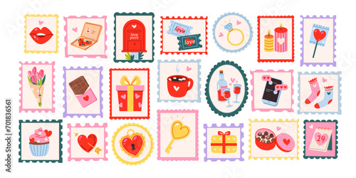 Postage stamps for Valentine's Day. Valentine's day set of cute elements. February 14, love concept. Vector illustrations