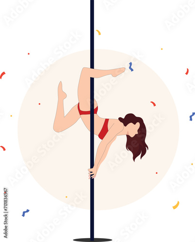 Pole dance performer at a studio. Beautiful young girl dancing on the pylon. Pole dancing, fitness and sport lifestyle. Vector illustration in cartoon style. Isolated white background.