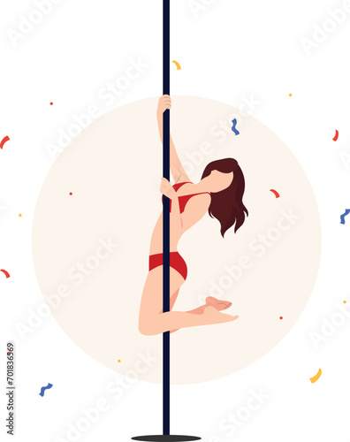 Pole dance performer at a studio. Beautiful young girl dancing on the pylon. Pole dancing, fitness and sport lifestyle. Vector illustration in cartoon style. Isolated white background.