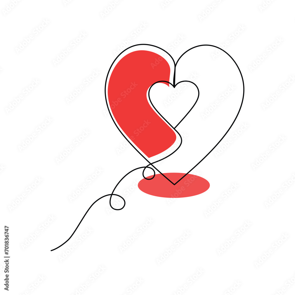 Continuous one-line love shape drawing and heart-shape single-line outline vector art illustration