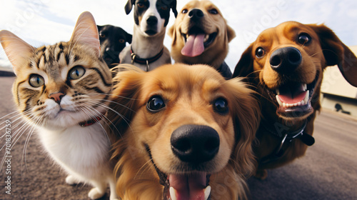 Group of pets taking selfie