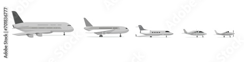 Different types of planes flat vector illustrations set. Passenger airplane or aeroplane, jets or aircrafts for airlines, air transport isolated on white background. Aviation, transportation concept