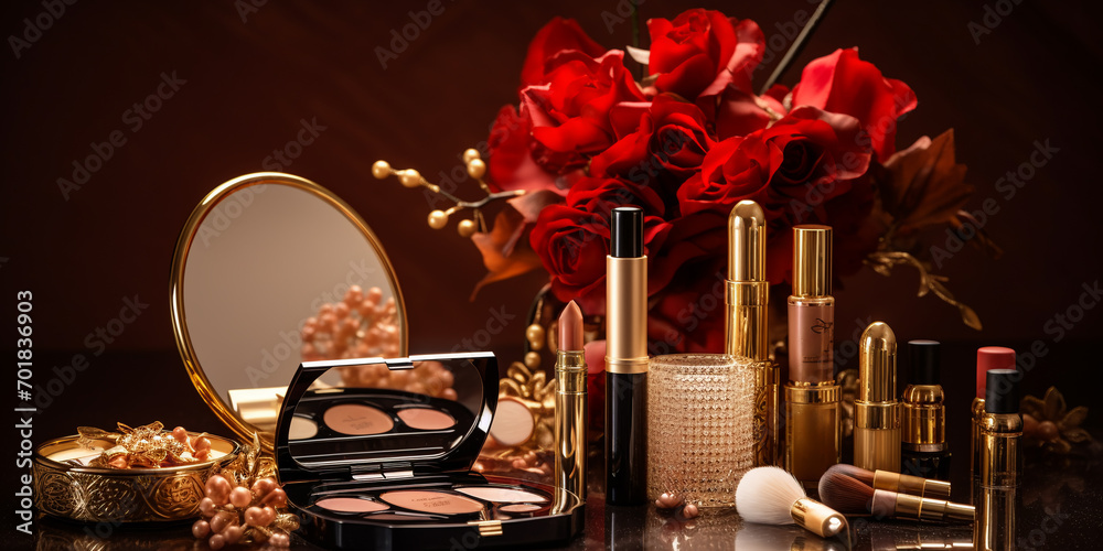Fototapeta luxury set of cosmetics in a composition with flowers, demonstration, presentation of a cosmetic product