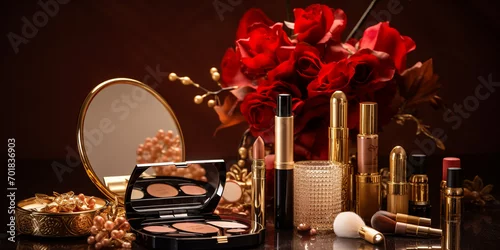 Obraz luxury set of cosmetics in a composition with flowers, demonstration, presentation of a cosmetic product